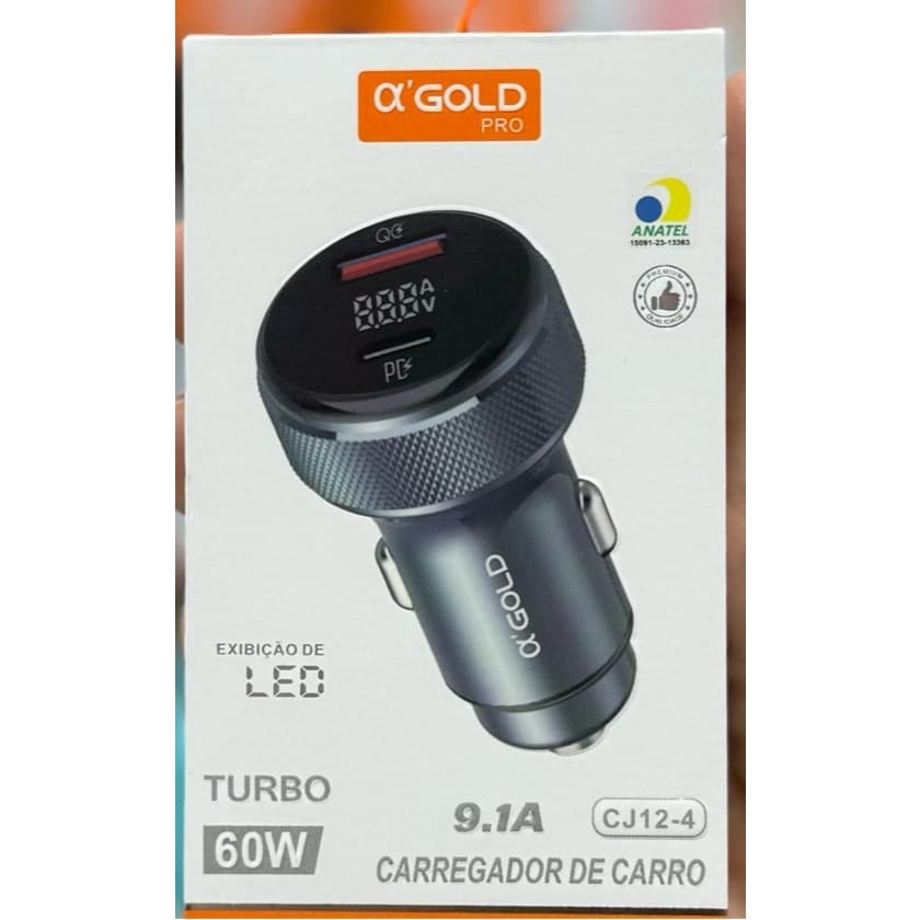 Carregador Veicular Turbo 60w 9.1a Qc4.0 Usb + Tipo C a gold CJ12-4
