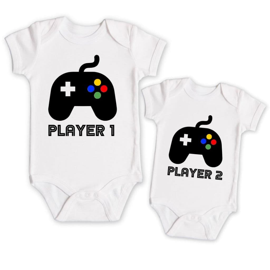 Body curto bebê branco divertido irmãos gêmeos estampado controle de videogame player 1 player 2