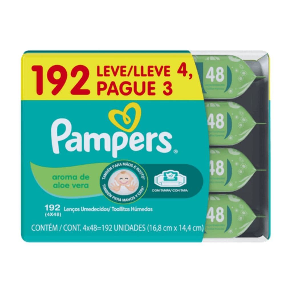 Kit 4 Pacotes Lenço Umedecido Pampers Aloe Vera Com 48 Lenços Cada
