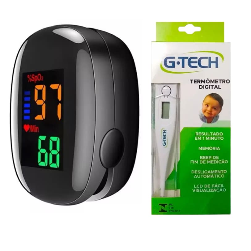 Oxímetro de Pulso Digital Medidor de Saturação Oxigênio no Sangue + termômetro clinico digital g-tech