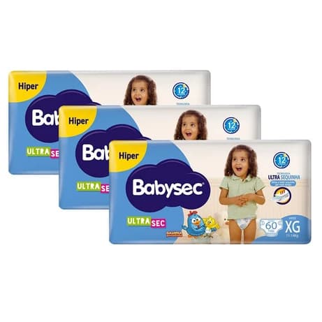 Kit 3 Fraldas Babysec Galinha Pintadinha Ultrasec Hiper Tamanho XG 60 unidades cada