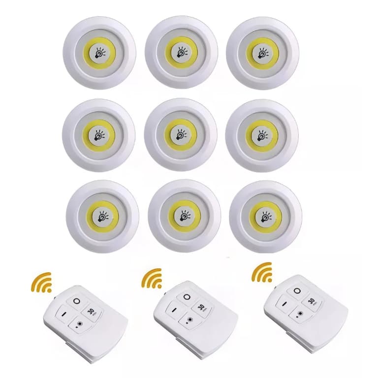 Kit Luminária Com 9 Lâmpadas Led Sem Fio Com 2 Controles Cor Branco Guarda-Roupas Armário Emergência