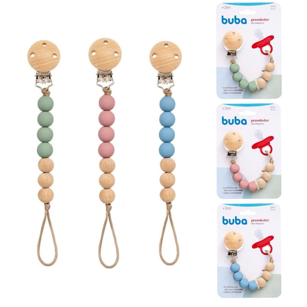 Prendedor de Chupeta de Silicone e Bambu Buba Clipe com Trava Bico Bebê Infantil