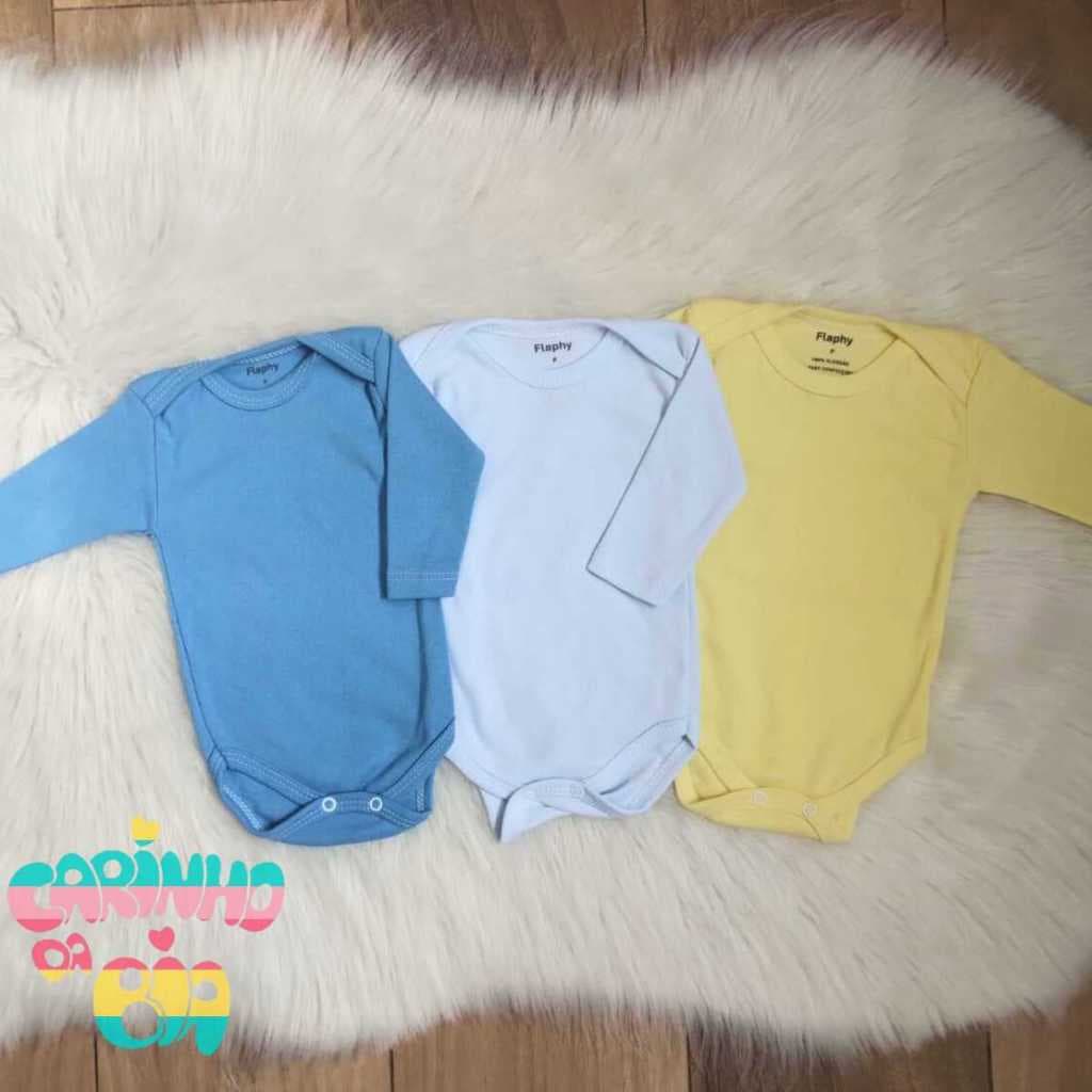 Kit 3 Body Liso Manga Longa Enxoval Roupinha de Bebê Menina e Menino 100% Algodão Suedine