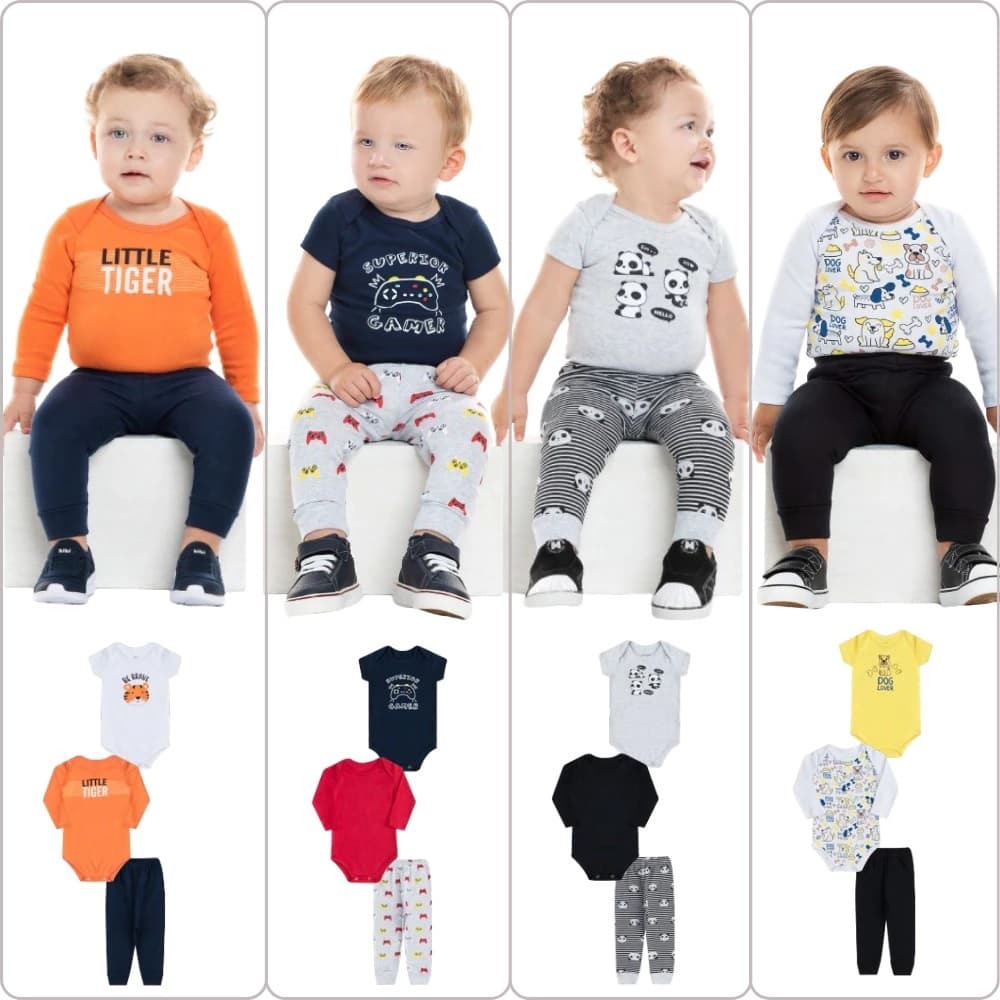 Kit Body Bebê Menino Kit 3 Peças Bodies Calça Mijão Algodão Enxoval Bebê
