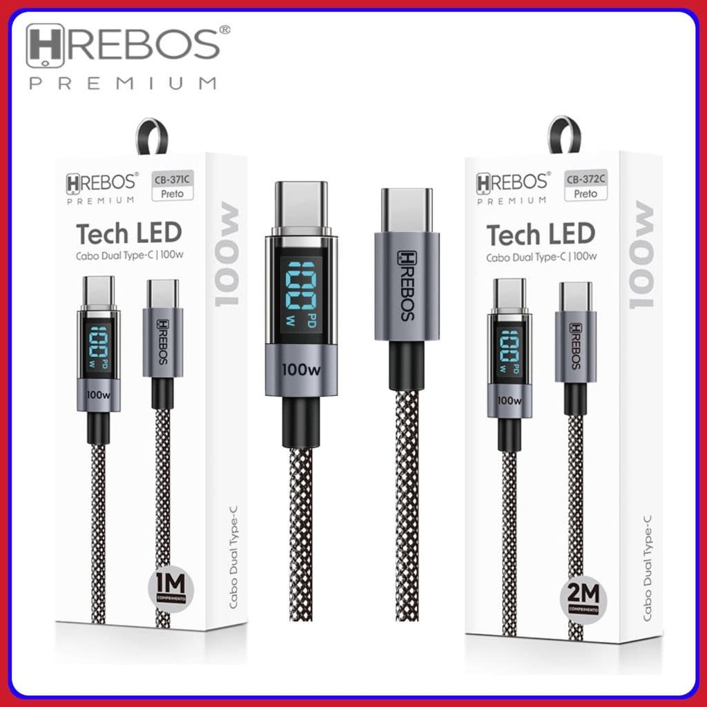 Cabo Tipo C 100W Turbo PD Carregamento Rápido com Visor de Potência com Mostrador LED USB C Original HREBOS CB-371c