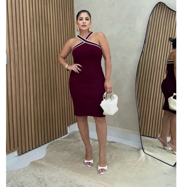 Vestido de Tricô Modal Alça transpassada Moda Feminina Vestido Tubinho