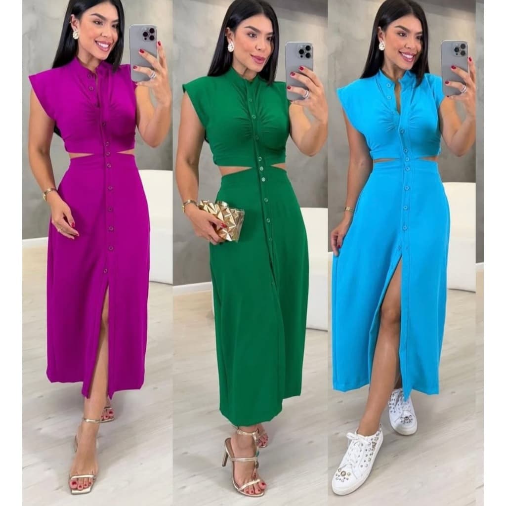 vestido  midi tipo longo feminino casual elegante feminino duna premium botão abertura frontal botões  funcionais casual