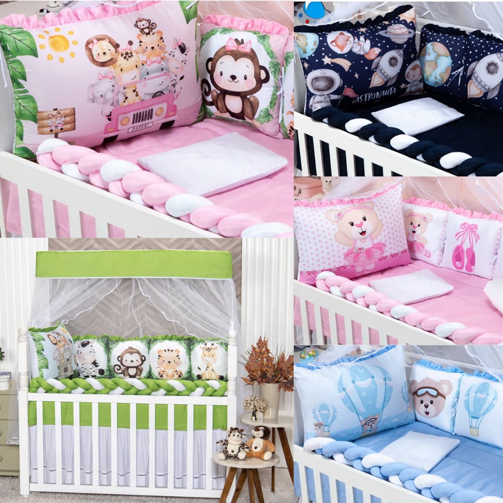 Jogo de Quarto Kit Berço Americano Menina Princesa 12 Peças Enxoval de Bebê Trança Estampado Rosa