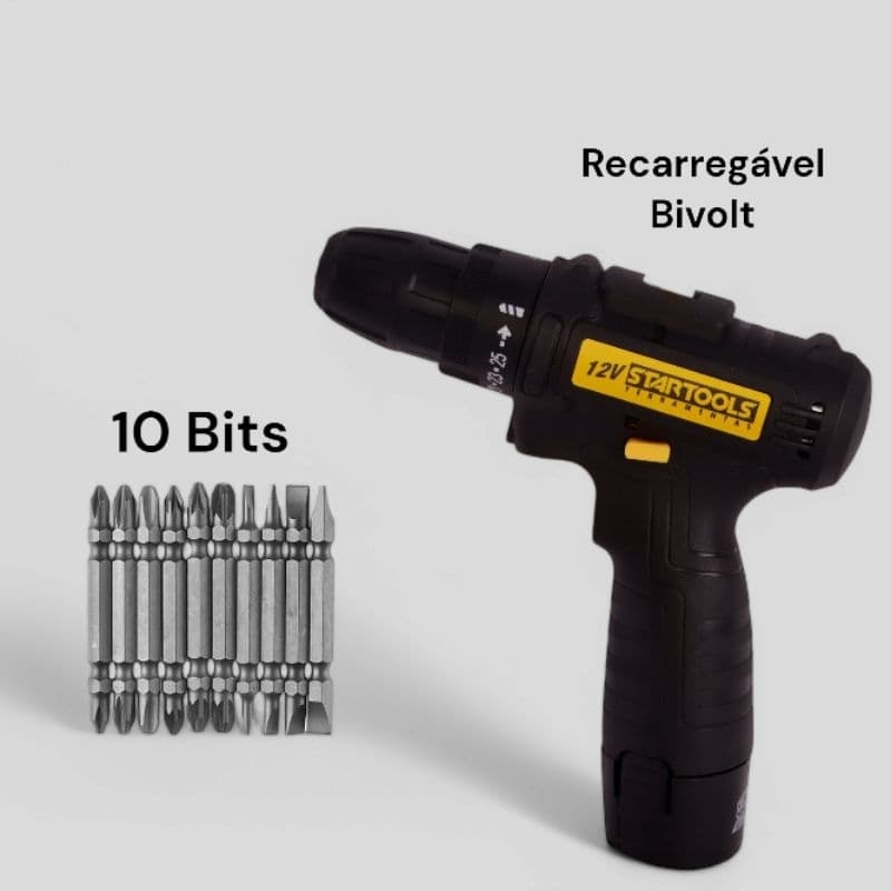 PARAFUSADEIRA E FURADEIRA RECARREGÁVEL 12V BIVOLT A BATERIA + JOGO DE BITS PARA PARAFUSADEIRA COM 10 PONTAS DUPLA
