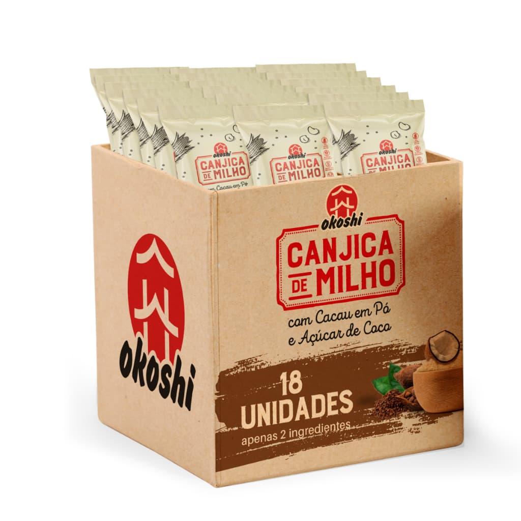 OKOSHI Kit 18 Pipocas de Canjica de Milho com Cacau em Pó e Açúcar de Coco - Lanche Fit, Snack Saudável - 50g