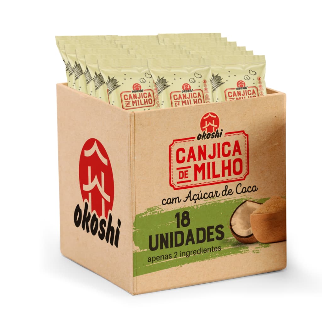 OKOSHI Kit 18 Pipocas de Canjica com Açúcar de Coco - Lanche Fit, Snack Saudável - Sem Glúten, Vegano - 50g