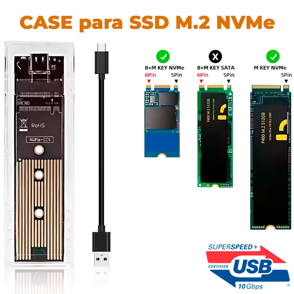Case para SSD M.2 NVMe Externo USB 3.1 USB-C Taxa de Transferência 10GBps Montagem Fácil