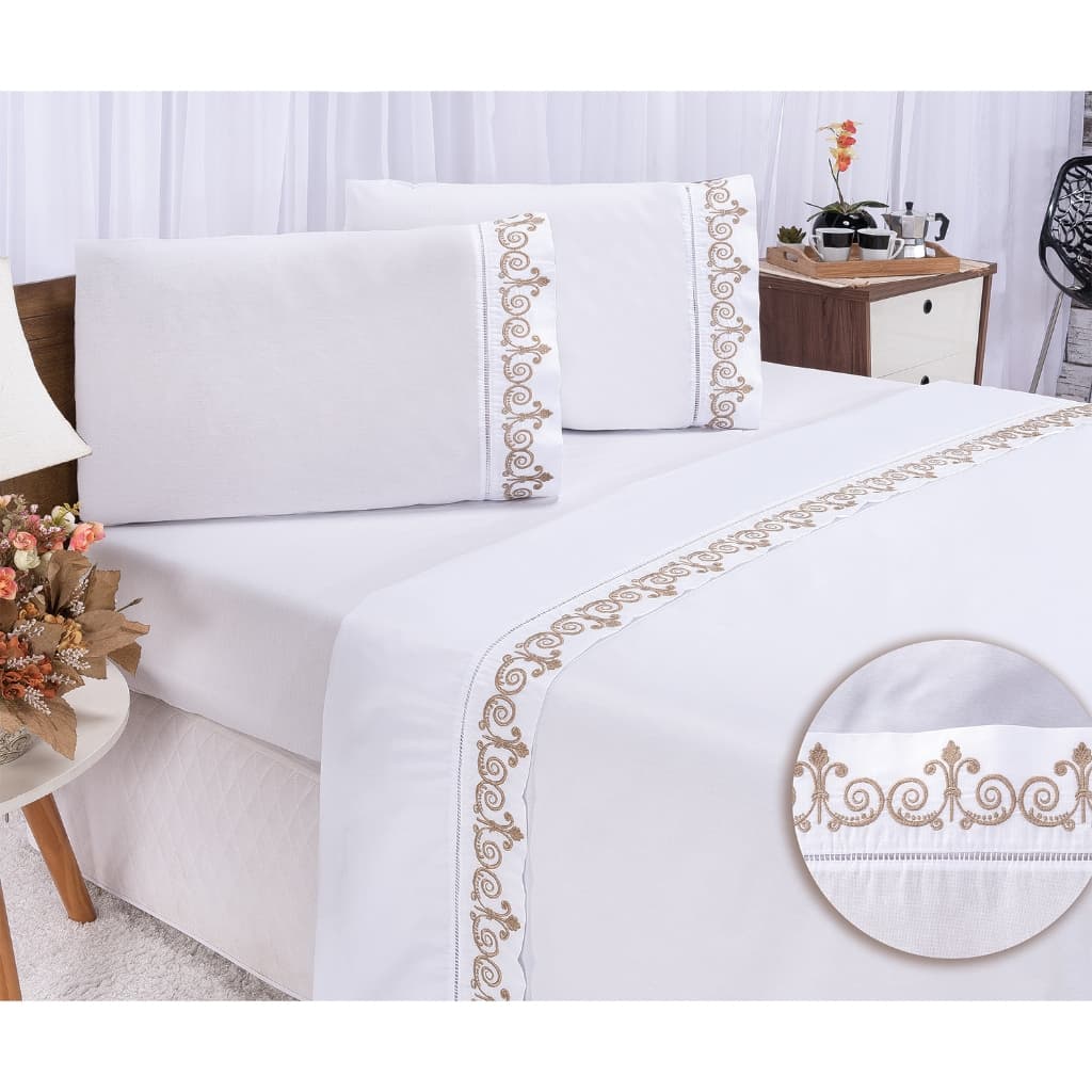 Jogo De Cama Casal Padrão 4 Pçs 600fios Egípcio Ponto Palito com Bordado