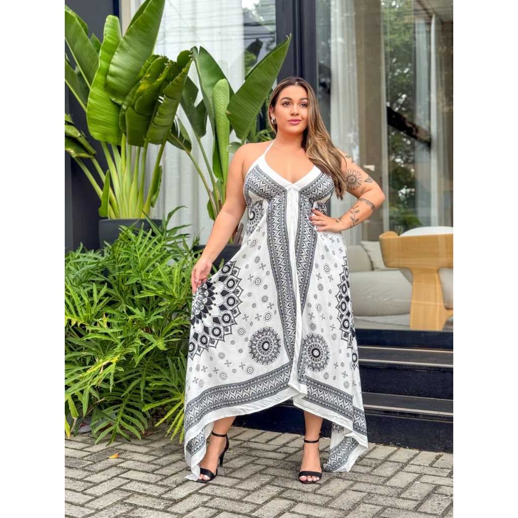 Vestido Longo Plus Size Estilo Lenço Indiano Costa Nua Vestido Feminino Tecido Leve Preto Branco Diversas Cores