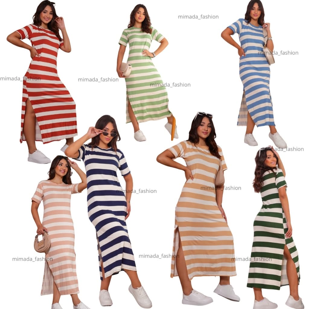 Vestido Feminino Listrado Estampado Com Fenda Longo Manga Solto Verão P,M,G,GG