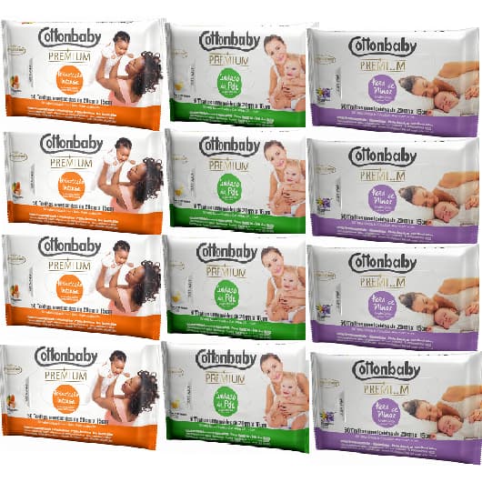 Kit c/12un Pacotes Toalha em Lenço Umedecido CottonBaby Premium c/50