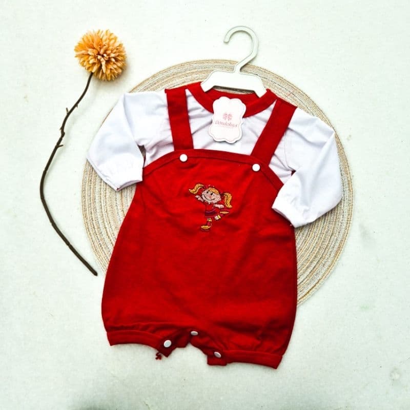 jardineira Bebê Menina Bordada Manga Longa Roupa de Bebe Menina