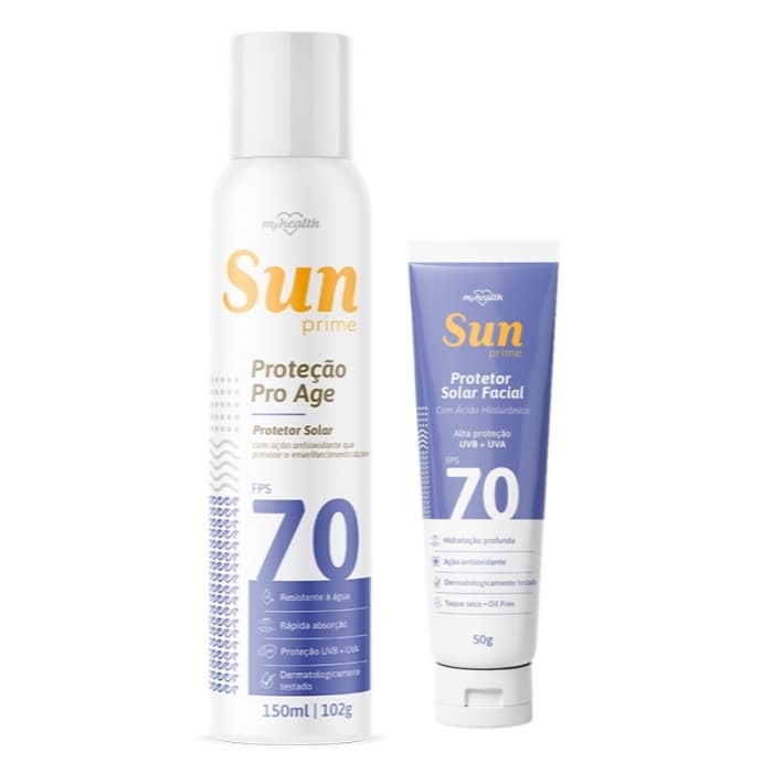 Protetor Solar FPS70 Aerossol Spray + Protetor Solar Facial Toque Seco Oil Free FPS70 50g com Ácido Hialurônico