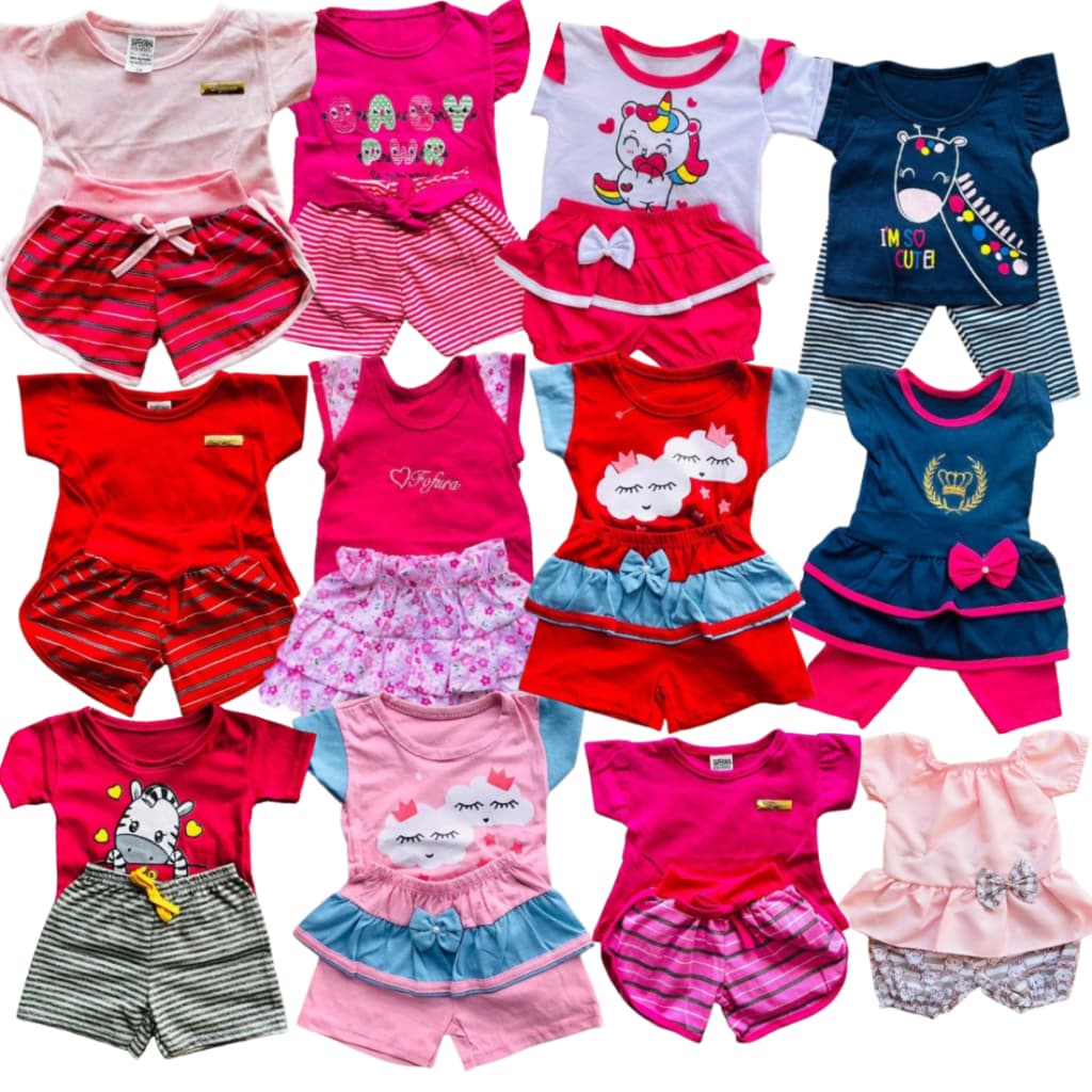 Kit 10 peças sortidos bebê variadas 5 camisetas + 5 short/calça menina festa enxoval verão 3-6 meses