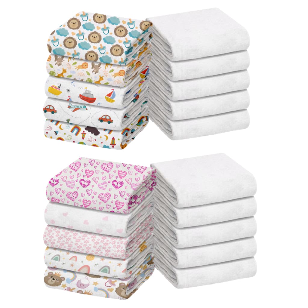 Pacote com 10 Fraldas de Pano (5 Luxo Lisa Branca + 5 Estampadas) Marca Minasrey p/ Bebês e Recém-Nascidos 70cm x 70cm