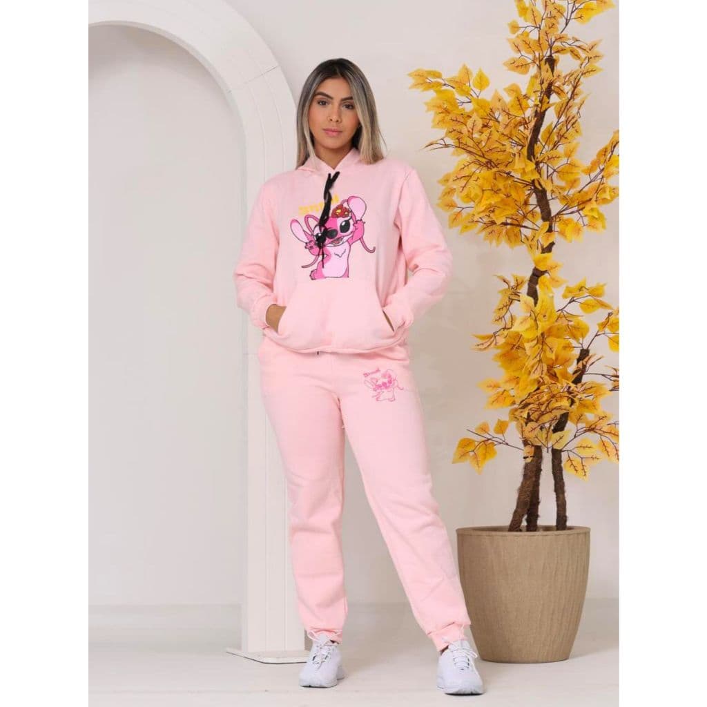 Conjunto Moletom Flanelado Lilo Stitch Casaco Canguru com Capuz e Calça com Bolso Moletom Confortável Moda Casual