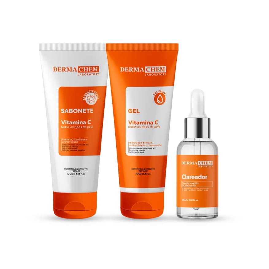 Kit Dermachem Skincare Clareador Sabonete e Gel Facial Vitamina C Anti-idade e Sérum Clareador