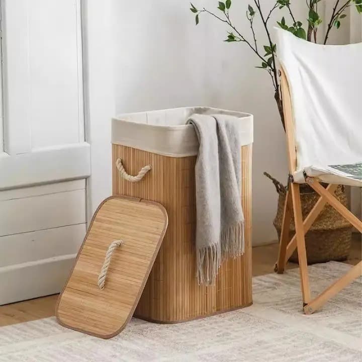 Cesto De Roupa Suja Bambu Dobravel Organizador Forrado Banheiro Cesto Retangular