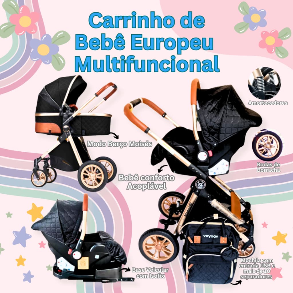 Carrinho de Bebê  Luxo Europeu Multifuncional + Bebë Conforto + Mochila e acessórios, ,menino menina
