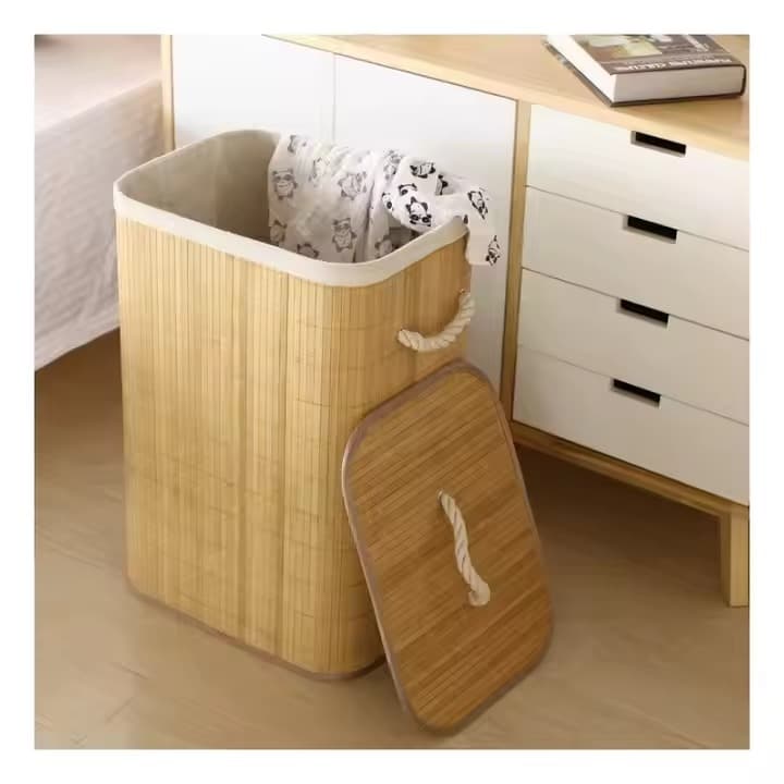 Cesto De Roupa Suja Bambu Dobravel Organizador Forrado Banheiro Cesto Retangular-Tong