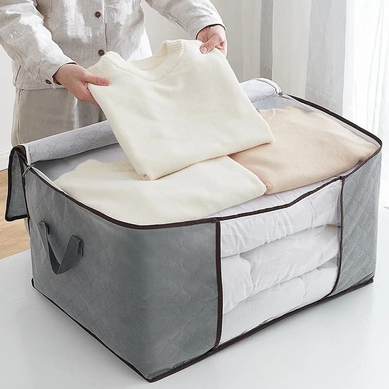 Caixa Organizadora Cinza e  Estampada Flexível Closet Roupa Cobertor Casacos Armário