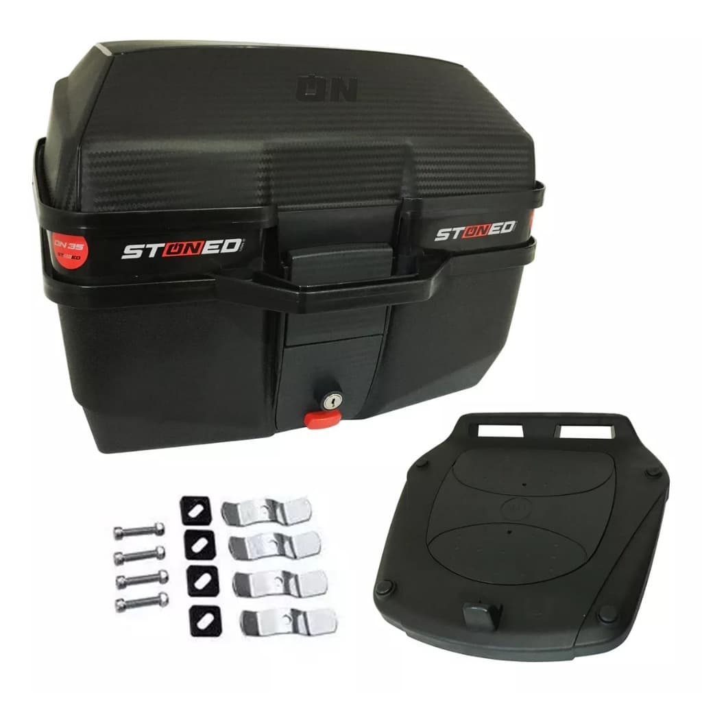 Baú Bauleto Moto 35 litros Stoned Tracker Base Universal Kit Fixação Completo Reforçado Novo