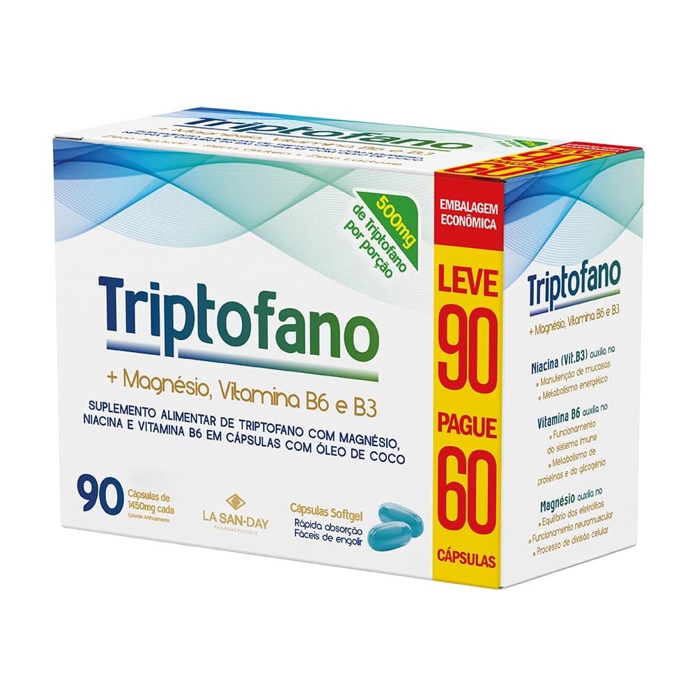 Triptofano + Magnésio, Vitamina B3 e Vitamina B6 - 90 Cápsulas - La San Day