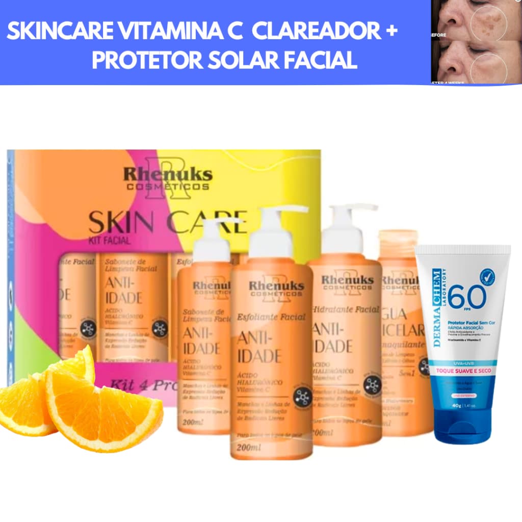 Kit Skincare Vitamina C Anti Idade Clareador Rhenuks + Protetor Solar Facial FPS60 Dermachem