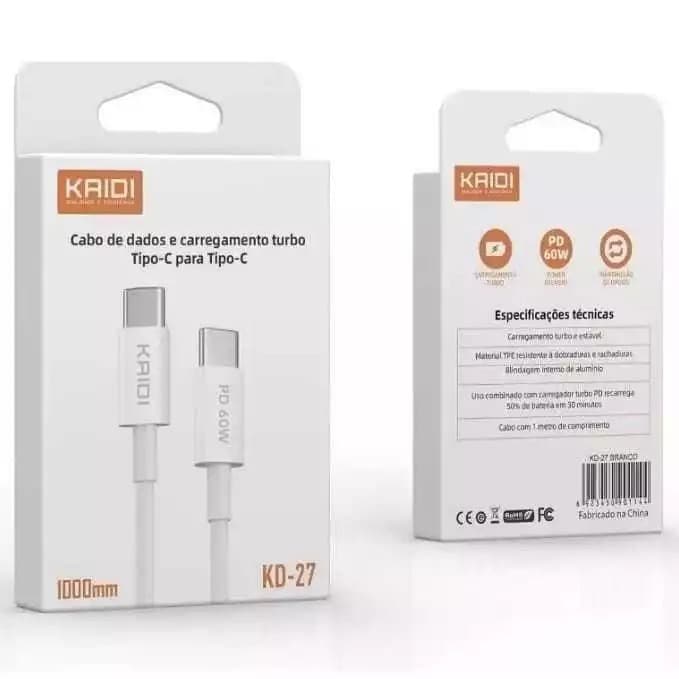 Cabo Carregador Turbo KAIDI ORIGINAL 60W Tipo-C Carregamento Rápido Resistente - ENVIO RÁPIDO