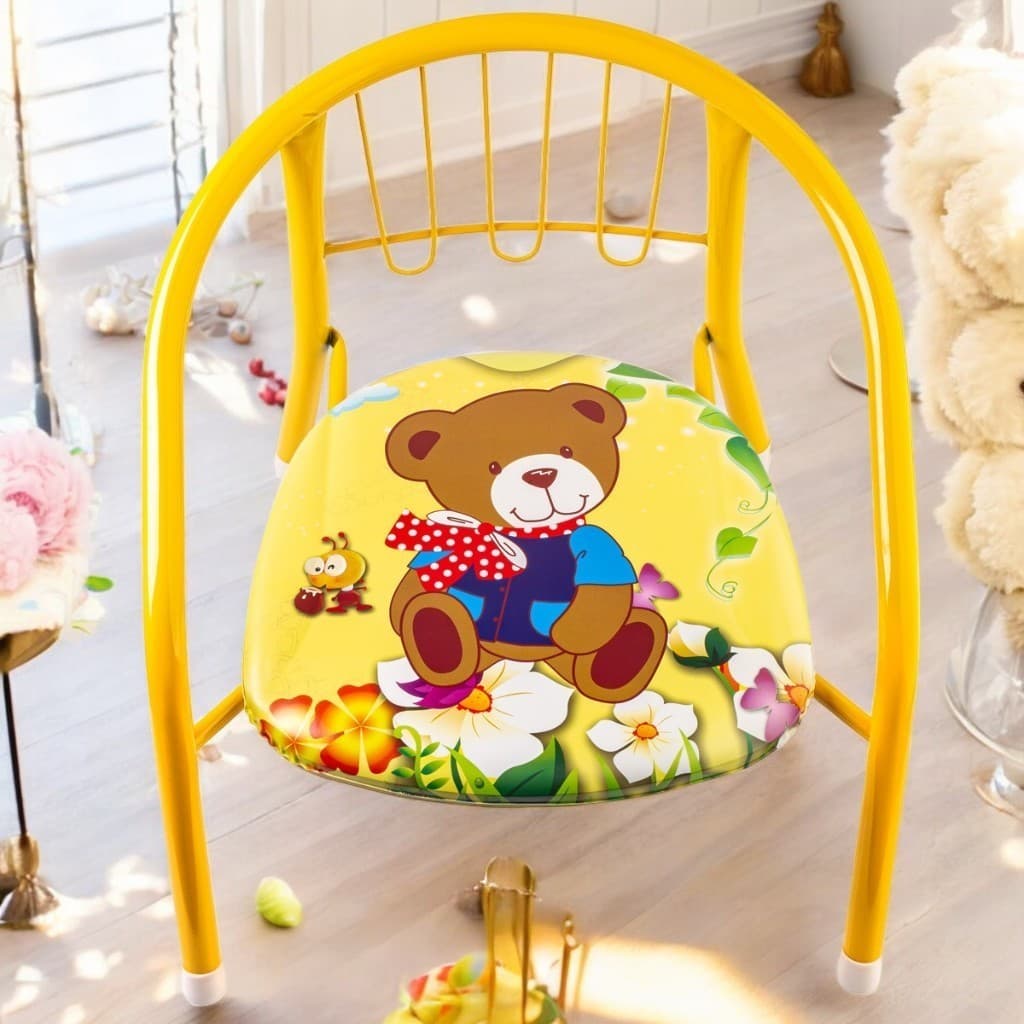 CADEIRINHA INFANTIL CRIANÇA METAL AMARELA COM DESENHO DE URSO CONFORTO E DIVERSÃO