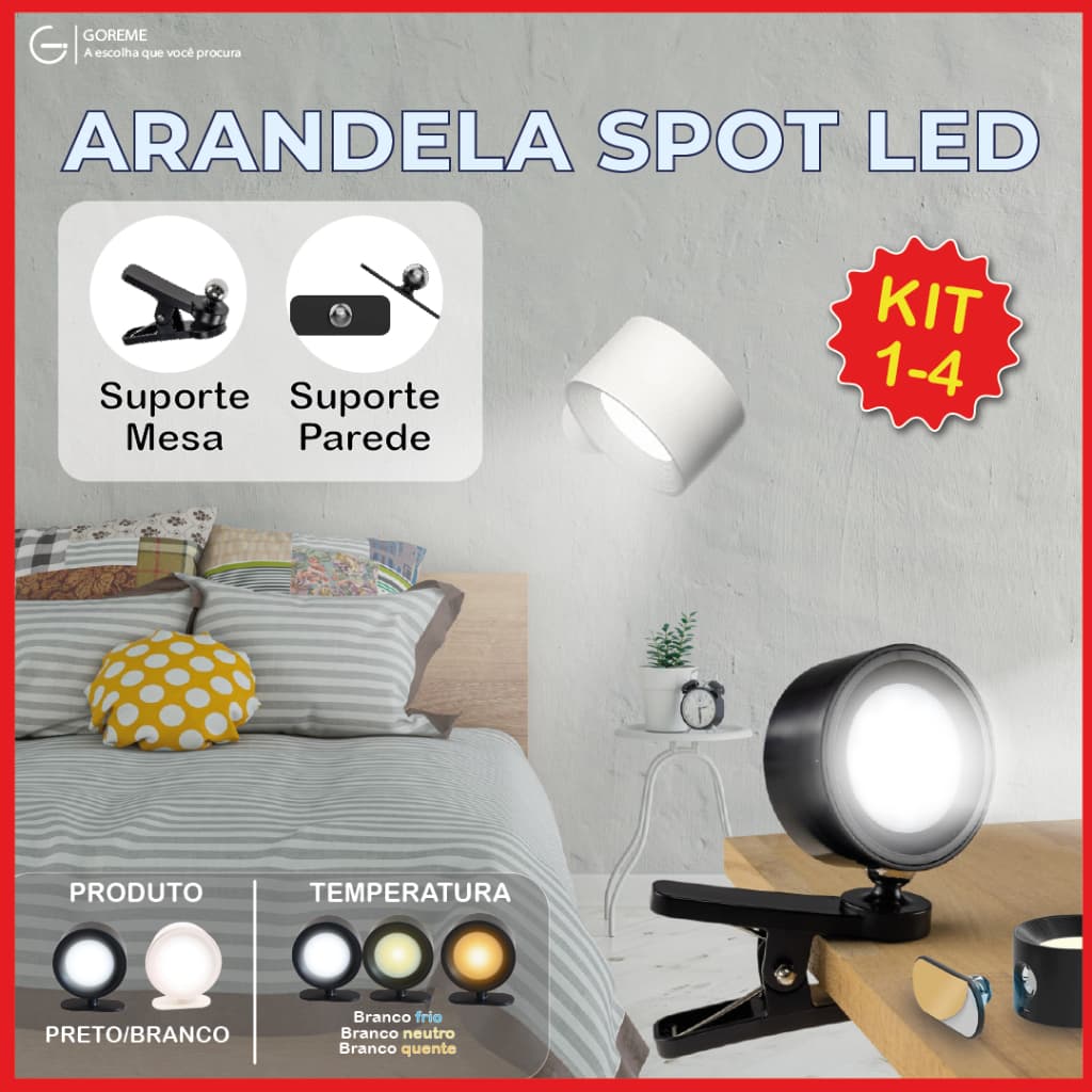 Luminária Spot Led 8W Arandela Cabeceira Luz de Parede 3 Tons de Luz Recarregável USB