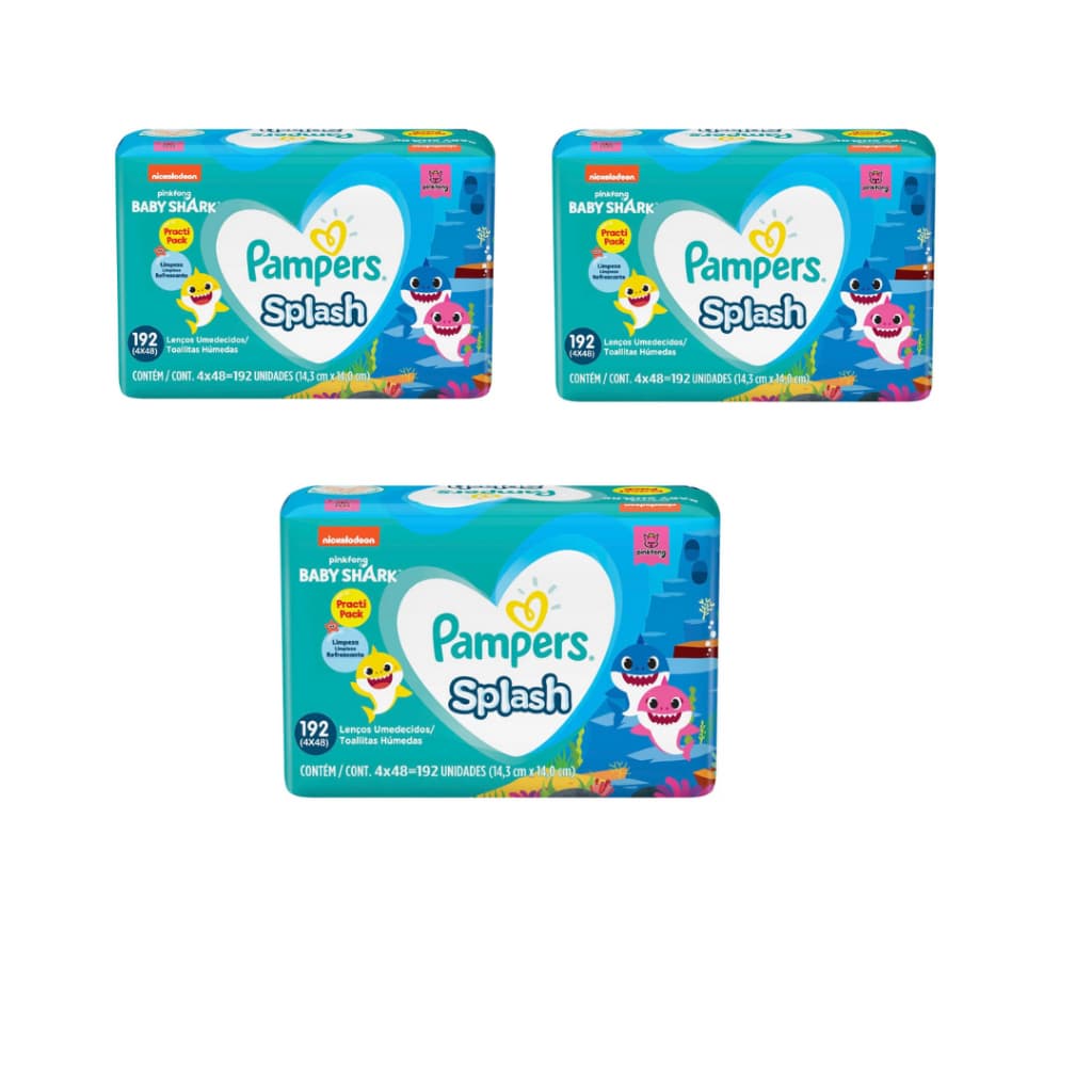 Kit Lenço Umedecido Pampers Splash Baby Shark Limpeza Refrescante Sem Álcool Macio e Forte