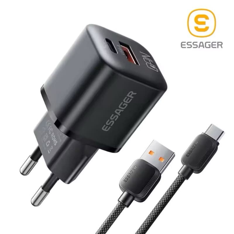 Kit Carregador USB tipo C Essager GaN 20W carregador Turbo carga rápida, QC 3.0