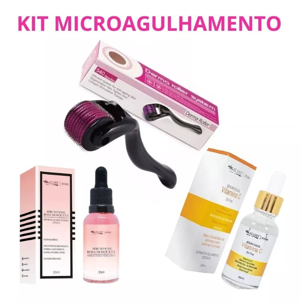 Kit Microagulhamento Dermaroller + Sérum Vitamina C + Sérum Rosa Mosqueta Max Love Clareador Manchas Rugas Antiacne