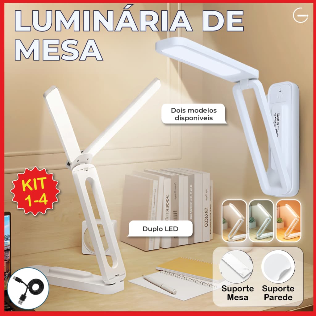 Luminária de Mesa Abajur Led Dobrável 3 Tons de luz suporte articulado USB Bivolt 2 Modelos