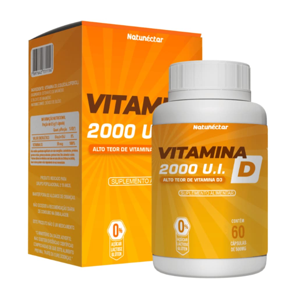 Natunéctar - Vitamina D 2.000UI 60 Cápsulas Vitamina D3 Vitamina do Sol Suplemento Alimentar