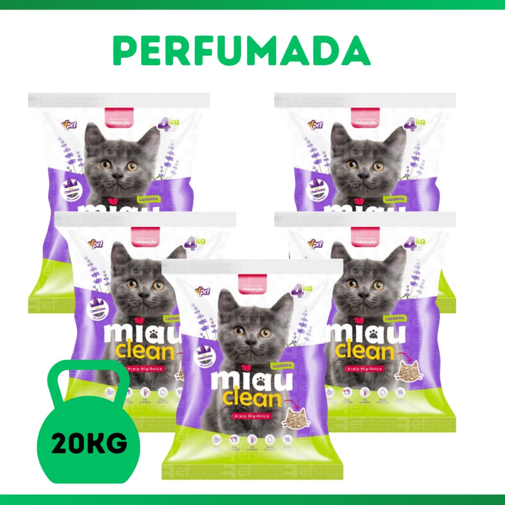 Kit Fardo 5 Pacotes 4KG de Areia Sanitária Granulado Forma Torrões Miau Clean Perfumado Lavanda 20KG