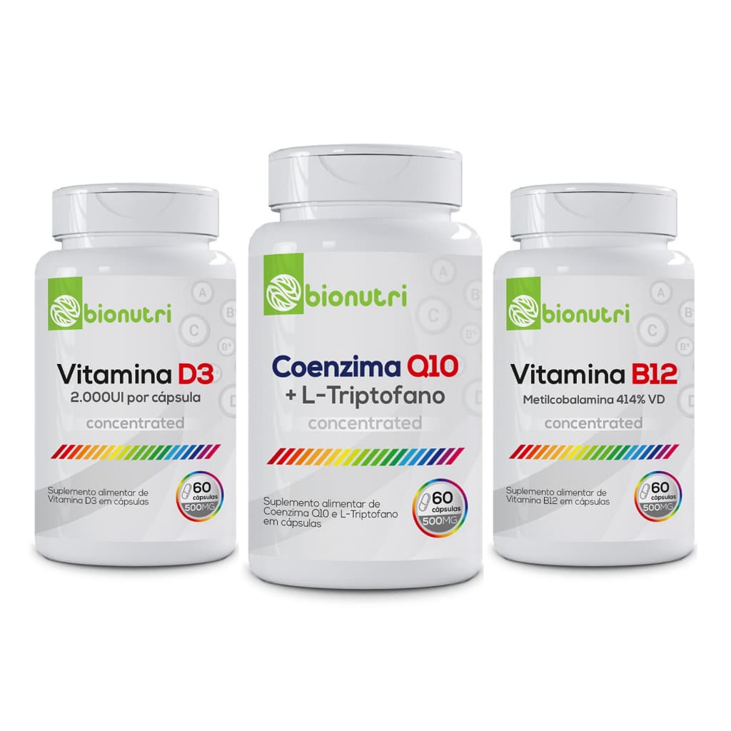 Kit Suplementos Alimentares CoenzimaQ10 + Vitamina D3 + Vitamina B12 (60 cápsulas) - Bionutri