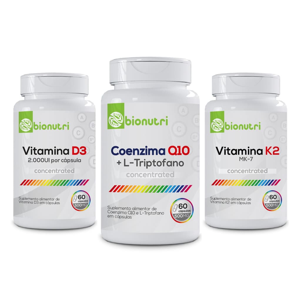 Kit Suplementos Alimentares CoenzimaQ10 + Vitamina D3 + Vitamina K2 (60 cápsulas) - Bionutri