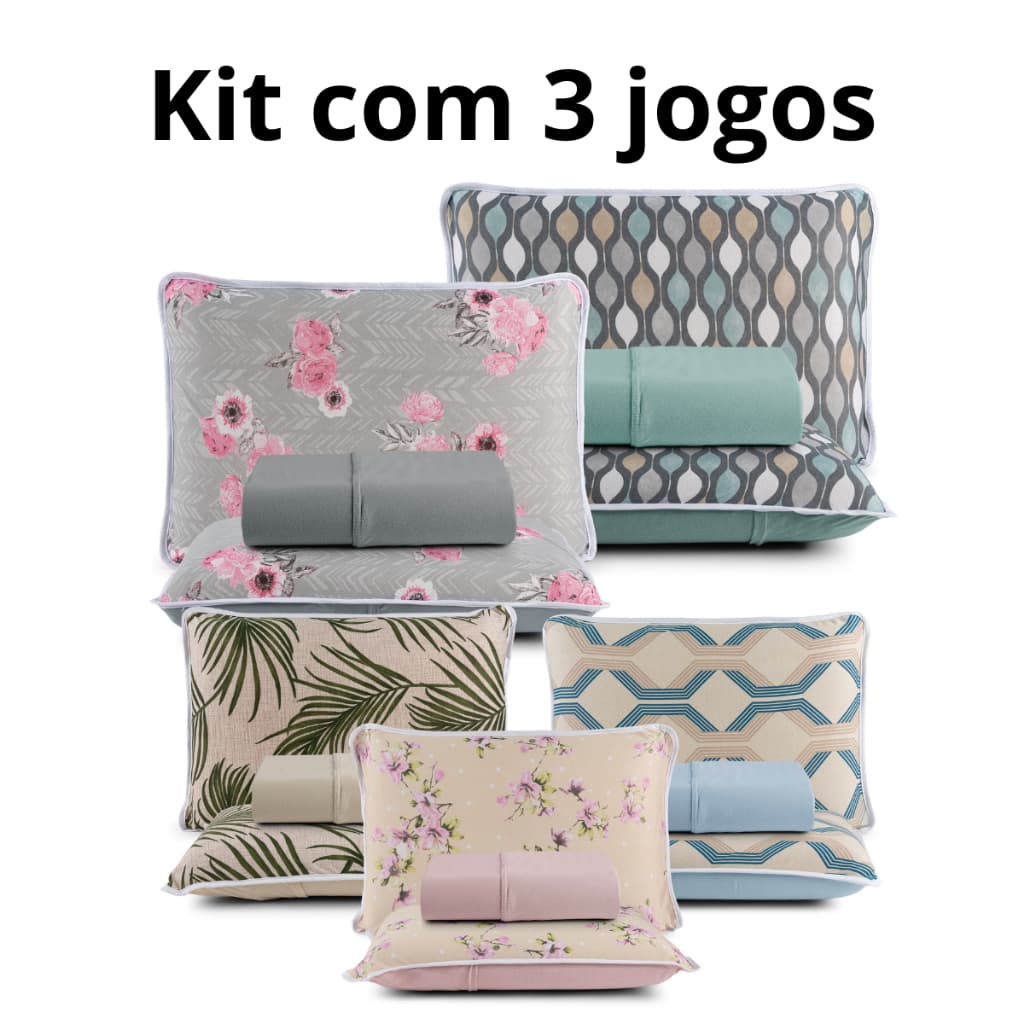 Kit 3 Jogos De Lençóis Malha 100% Algodão Casal Padrão Cores Sortidas
