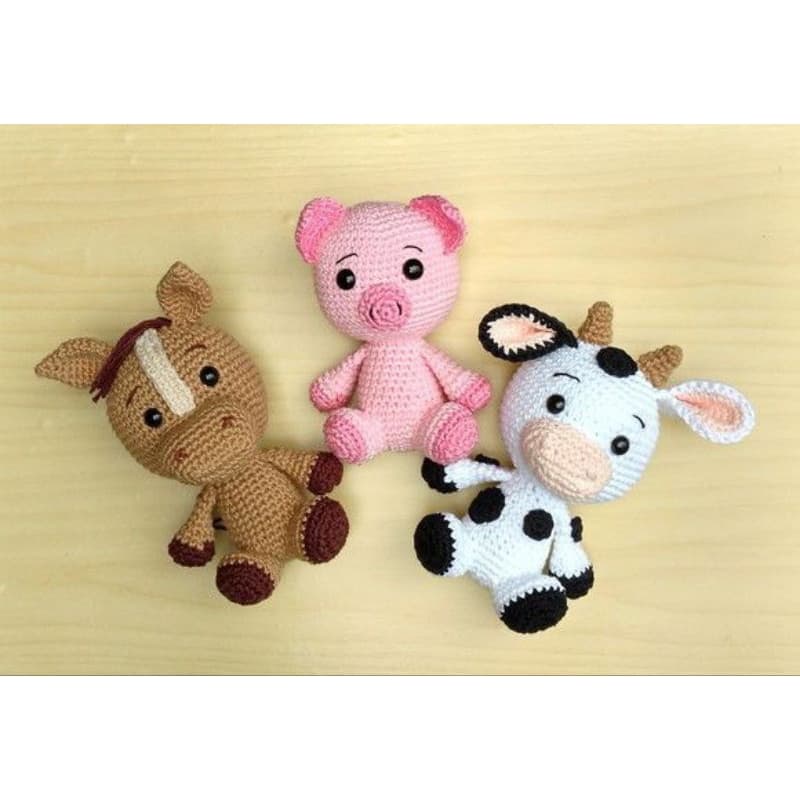 kit fazendinha baby amigurumi ( 3 bichinhos de crochê: cavalo,  porco e vaca )