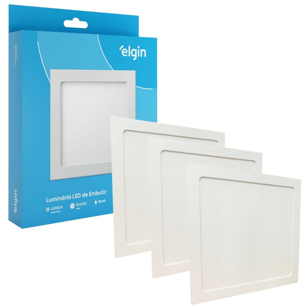 Kit 3 Luminaria Painel Plafon Embutir Bivolt Quadrado 24w Led Teto - ELGIN