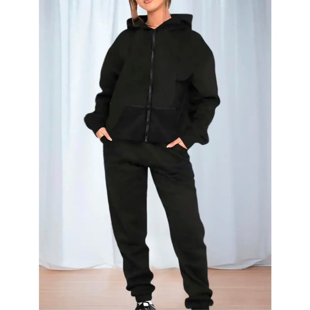 Conjunto Casual Feminino de Moletom com Capuz, Bolso E Zíper e Calça Moletom de Cor Sólida - Poliéster & Algodão