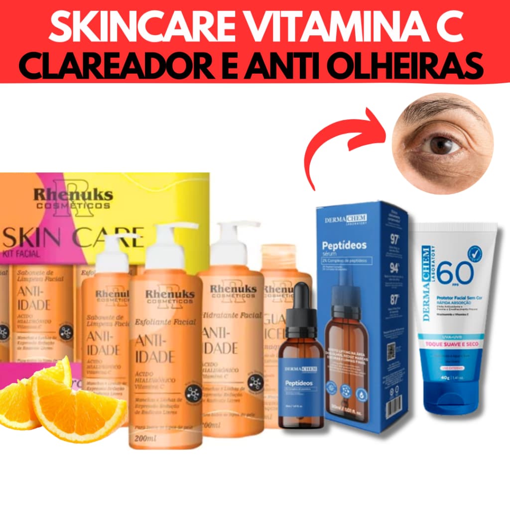 Kit Skincare Vitamina C Anti Idade Rhenuks + Sérum Peptídeos + Protetor Solar Facial FPS60 Dermachem